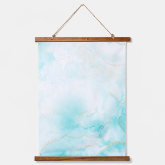 Moderne Aqua Gold Alcohol Ink Art Waterverf Oceaan Hangend Wandkleed (Voorkant)