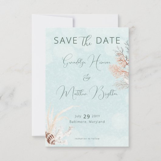 Moderne Aqua Ocean Shells bruiloft Save The Date (Voorkant)