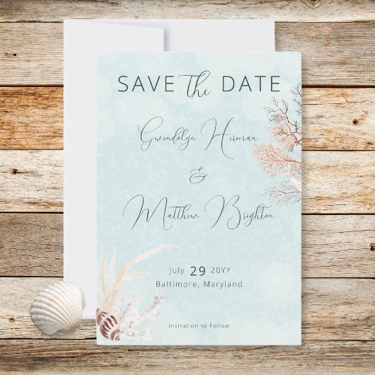 Moderne Aqua Ocean Shells bruiloft Save The Date