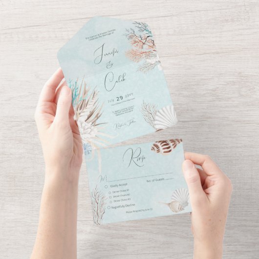 Moderne Aqua Ocean Shells Dinner Wedding All In One Uitnodiging (Afscheurbaar)