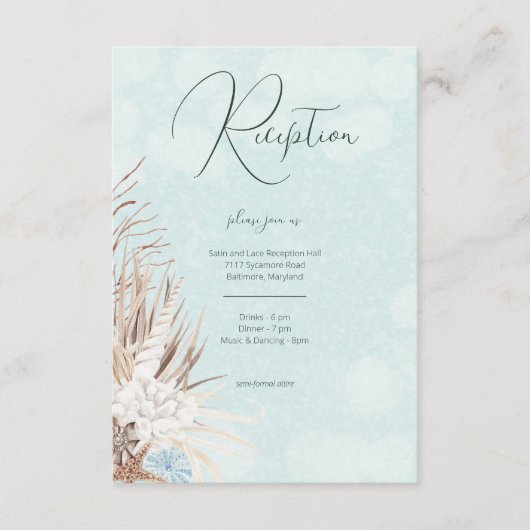 Moderne Aqua Ocean Shells Trouwreceptie Informatiekaartje (Voorkant)