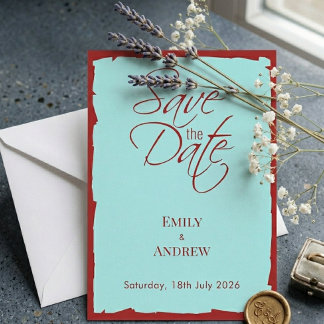 Moderne Aqua Teal & Diep Rode Trouwdag Save The Date