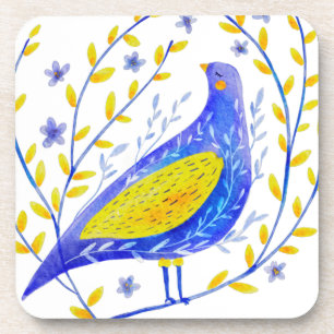 Moderne Aquarel Blauwe en Gele Vogel Kunst Bier Onderzetter