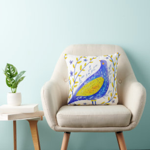 Moderne Aquarel Blauwe en Gele Vogel Kunst Kussen
