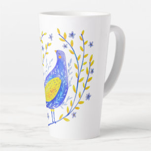Moderne Aquarel Blauwe en Gele Vogel Kunst Latte Mok