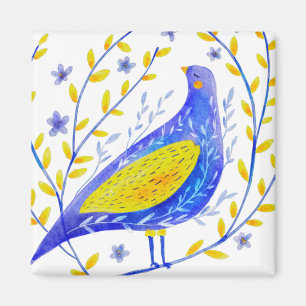 Moderne Aquarel Blauwe en Gele Vogel Kunst Magneet