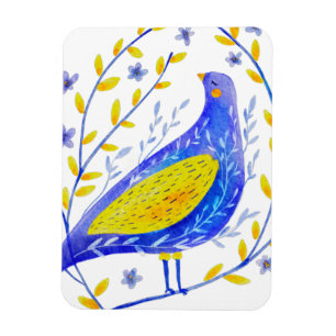 Moderne Aquarel Blauwe en Gele Vogel Kunst Magneet