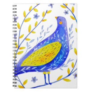 Moderne Aquarel Blauwe en Gele Vogel Kunst Notitieboek