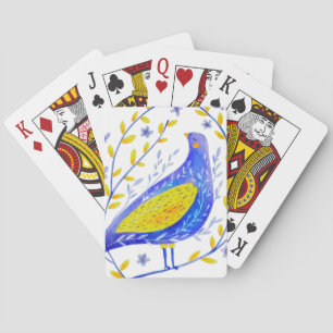 Moderne Aquarel Blauwe en Gele Vogel Kunst Pokerkaarten
