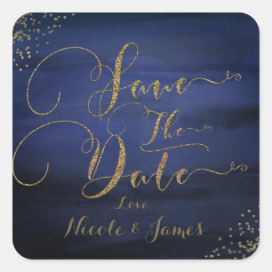 Moderne Aquarel Blauwe Gouden Confetti Uitnodiging Vierkante Sticker