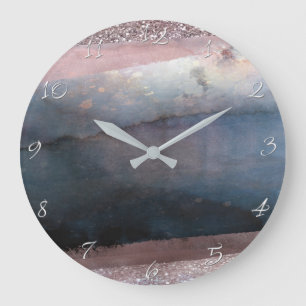 Moderne Aquarel Blauwe & Roze Gouden Roze Blush Gl Grote Klok