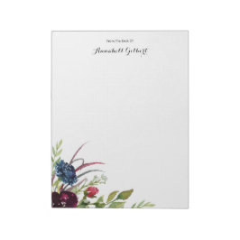 Moderne aquarel bordeaux-blauwe bloemen en groen notitieblok