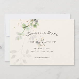 Moderne Aquarel Eucalyptus   Gouden Trouw Ecru Save The Date