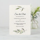 Moderne Aquarel Groene Olijftak Save The Date (Staand voorkant)