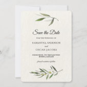 Moderne Aquarel Groene Olijftak Save The Date (Voorkant)