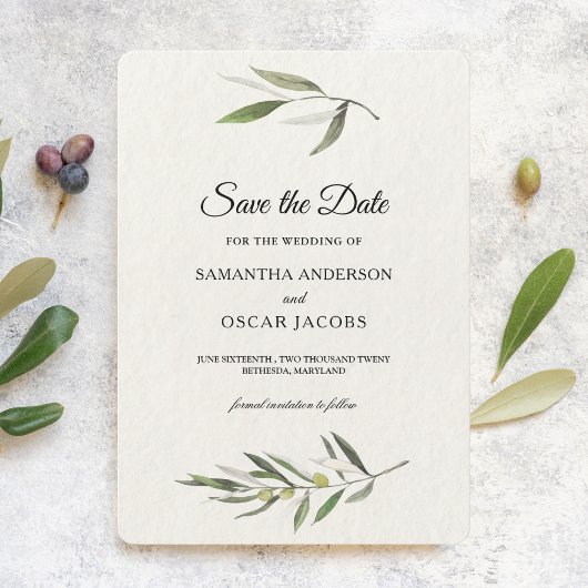Moderne Aquarel Groene Olijftak Save The Date