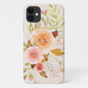 Moderne Aquarel Ivoor en Roze Bloemige Roos Blad iPhone 11 Hoesje