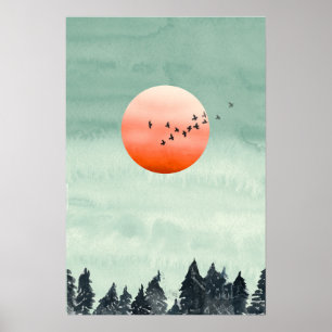 Moderne Aquarel Landschap Zonsondergang Vogels Bom Poster