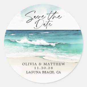 Moderne Aquarel Oceaan Strand Save the Date Ronde Sticker