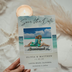 Moderne Aquarel Oceaan Strand Twee Foto's Save The Date