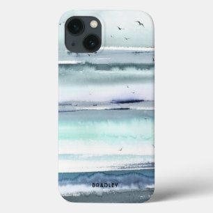 Moderne Aquarel Oceaan Zee Gepersonaliseerde Naam iPhone 13 Hoesje