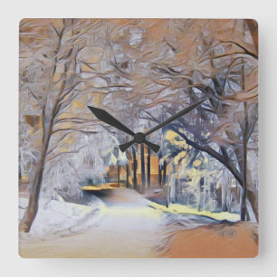 Moderne aquarel van gekleurde besneeuwde bomen vierkante klok