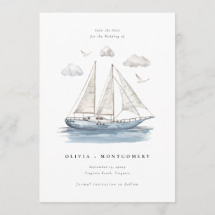 Moderne Aquarel Zeiljacht Save the Date Kaart