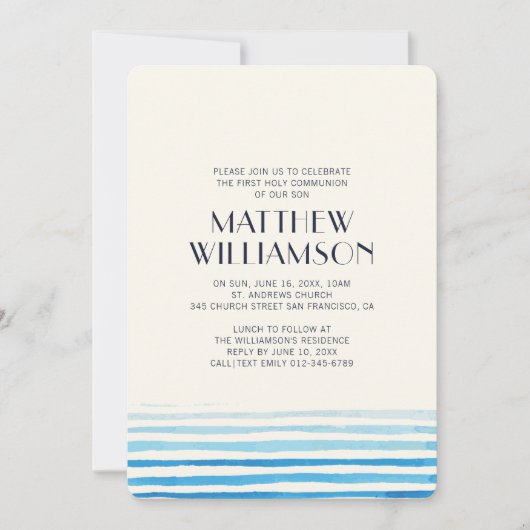 Moderne aquarelle rayures Communion Invitation (Devant)