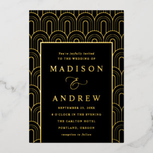 Moderne Arch Deco Black en Gold Wedding Folie Uitnodiging