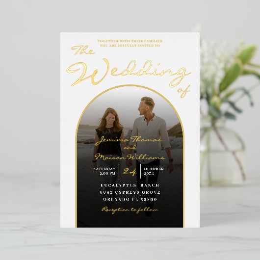 Moderne Arch Gold Foil Script & Photo Wedding Foli Folie Uitnodiging (Staand Voorkant)