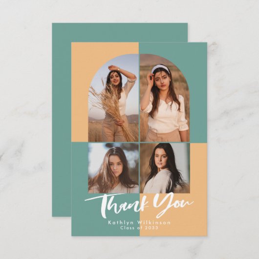 Moderne Arch Green Peachy Yellow 4 Foto Afstuderen Bedankkaart (Voorkant / Achterkant)