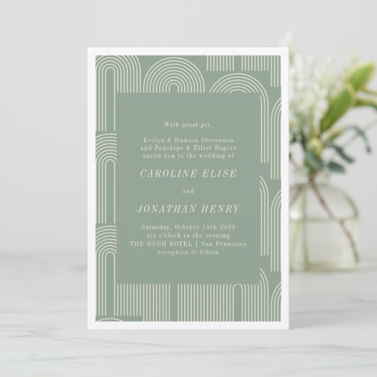Moderne Arch Line Art Sage Green Formal Wedding Kaart (Staand voorkant)