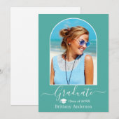 Moderne Arch Pet Calligrafie Blauwgroen Afstuderen Aankondiging (Voorkant / Achterkant)