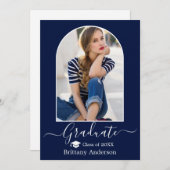 Moderne Arch Pet Calligrafie Foto Blue Afstuderen Aankondiging (Voorkant / Achterkant)