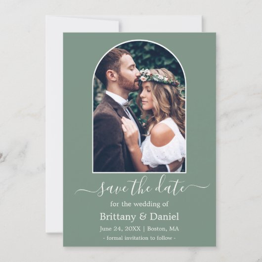 Moderne Arch Photo Lijst Sage Green Save The Date (Voorkant)