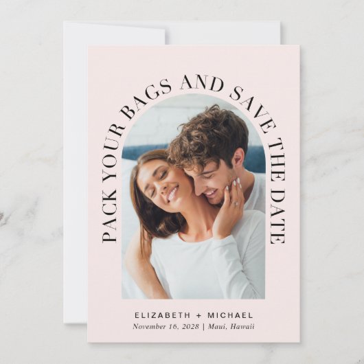 Moderne Arch Photo Pink Destination Wedding Save The Date (Voorkant)