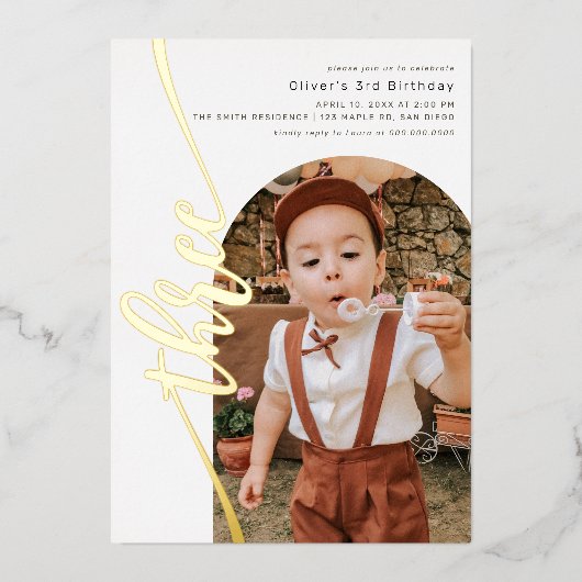 Moderne Arch Photo Vertical Script 3rd Birthday Folie Uitnodiging (Voorkant)