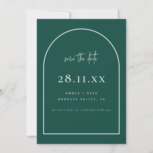 Moderne Arch Retro Minimalist Emerald Green Save The Date (Voorkant)