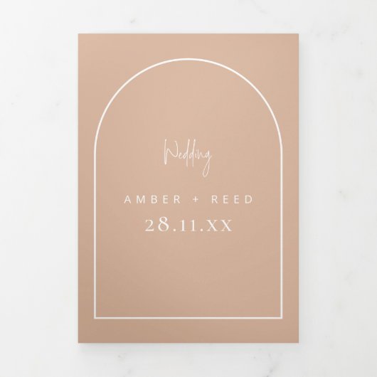 Moderne Arch Tying Knot Weddenschap Blush Pink Scr Drieluik Uitnodiging (Cover)