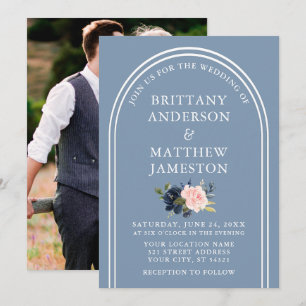 Moderne Arch Wedding Dusty Blue Pink Floral Foto Kaart