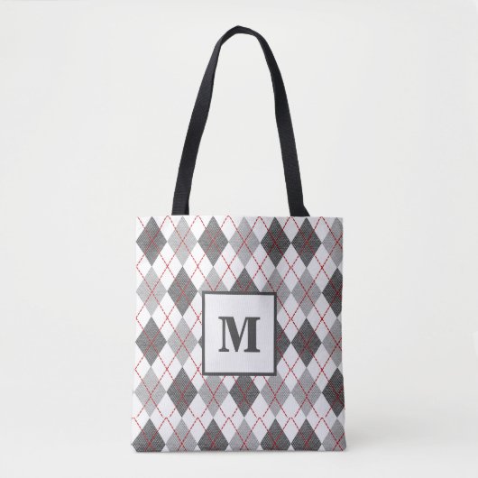 Moderne Argyle Plaid Rood Grijs Zilver Monogram Draagtas (Voorkant)