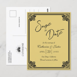 Moderne Art Deco Black Gold Pauw Bewaar de datum Briefkaart