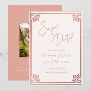 Moderne Art Deco Blush Roze Pauw Foto Huwelijk Save The Date