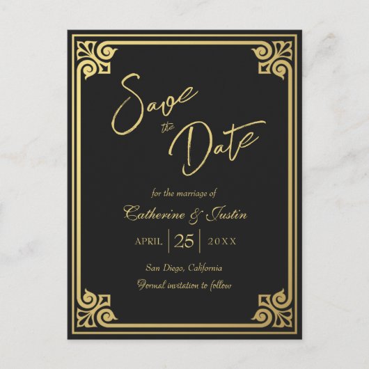 Moderne Art Deco Gold Black Pauw Bewaar de datum Briefkaart (Voorkant)