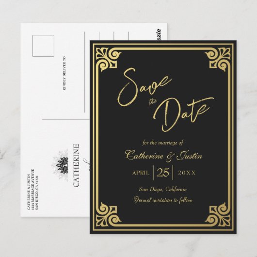 Moderne Art Deco Gouden Zwarte Pauw Save The Date Briefkaart (Voorkant / Achterkant)