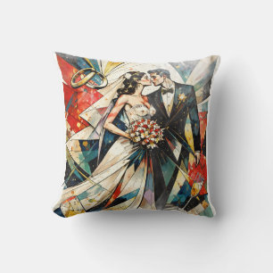 Moderne Art Deco Illustratie van Trouwkoppel Kussen