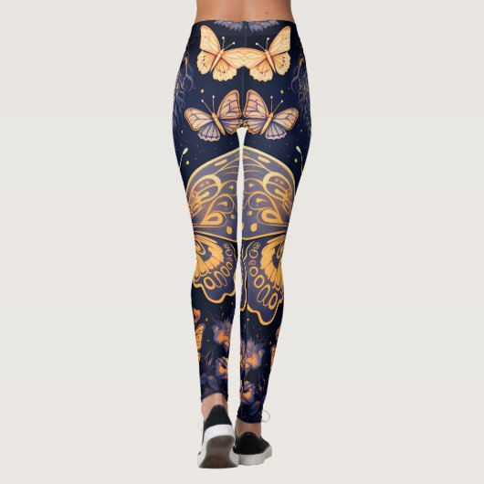Moderne Art Deco Paarse Blauwe Gouden Vlinder Leggings (Achterkant)