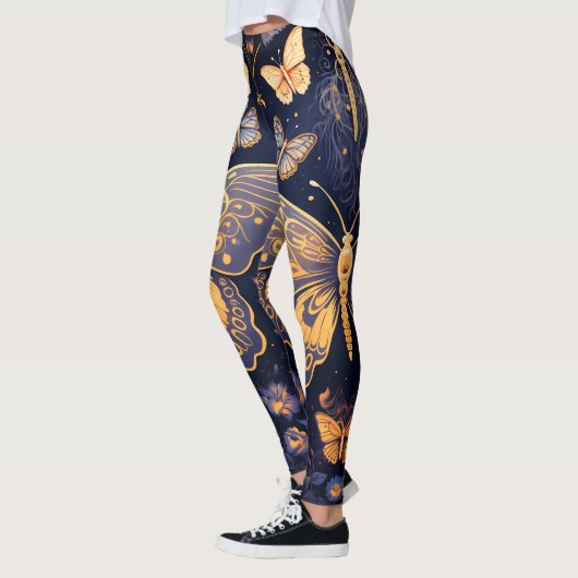 Moderne Art Deco Paarse Blauwe Gouden Vlinder Leggings (Links)