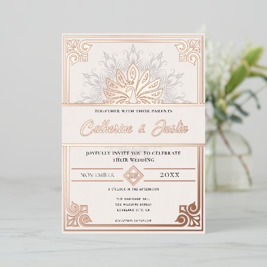 Moderne Art Deco Peacock Bruiloft Roos Goud Folie Uitnodiging (Staand Voorkant)