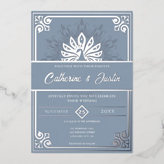 Moderne Art Deco Peacock Bruiloft Zilver Folie Uitnodiging (Voorkant)